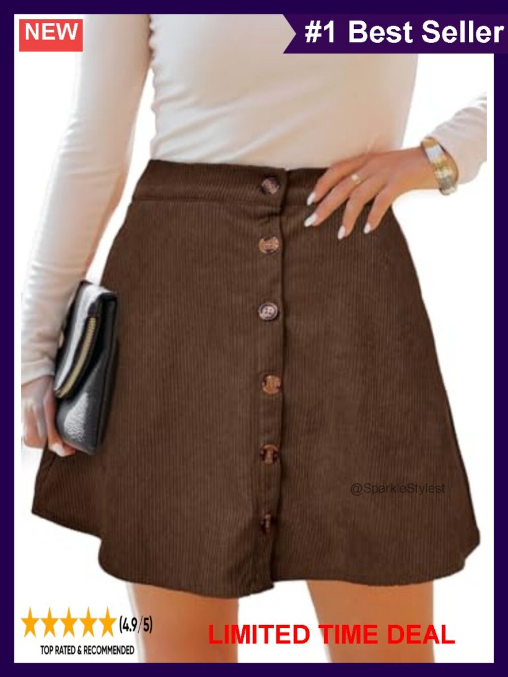 Corduroy Mini Skater Skirt A-Line Button Front with Pockets